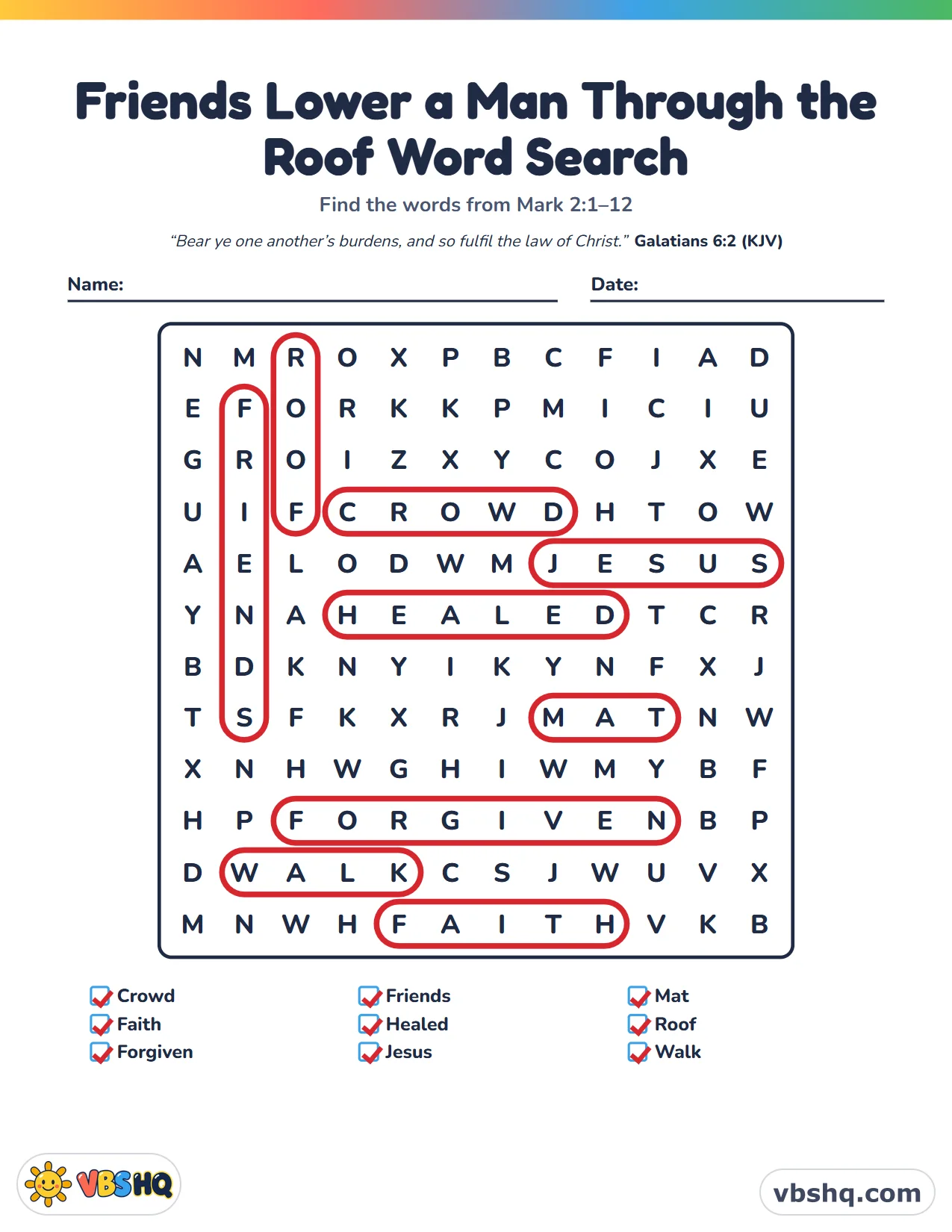 Friends Lower a Man Through the Roof Word Search, completed