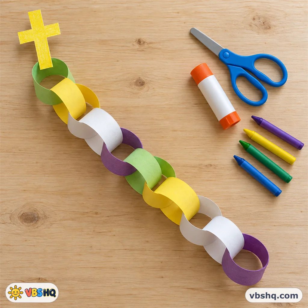 A finished Holy Week paper chain: eight purple, white, yellow and green paper loops with a yellow paper cross standing above the top link, on a wooden table with scissors, a glue stick and crayons