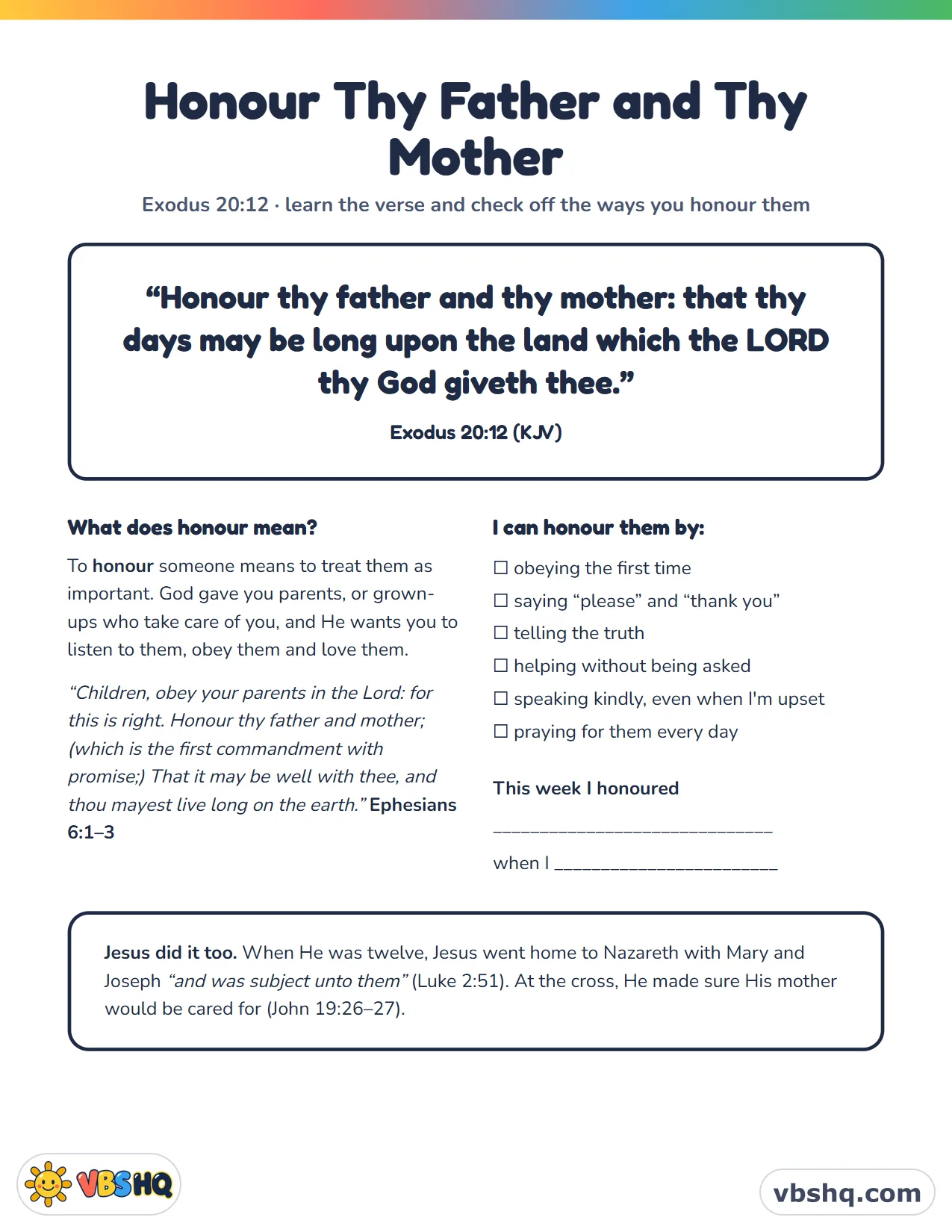 Honor Your Father and Mother Bible Verse for Kids (Printable)