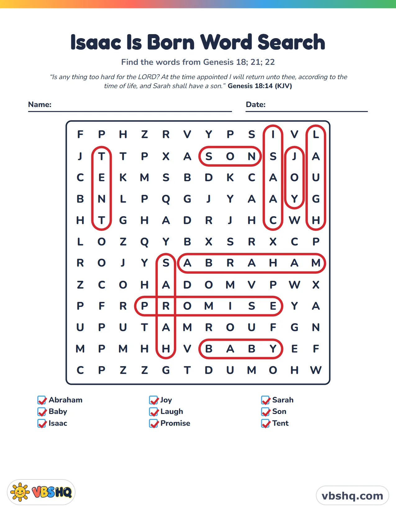 Isaac Is Born Word Search, completed