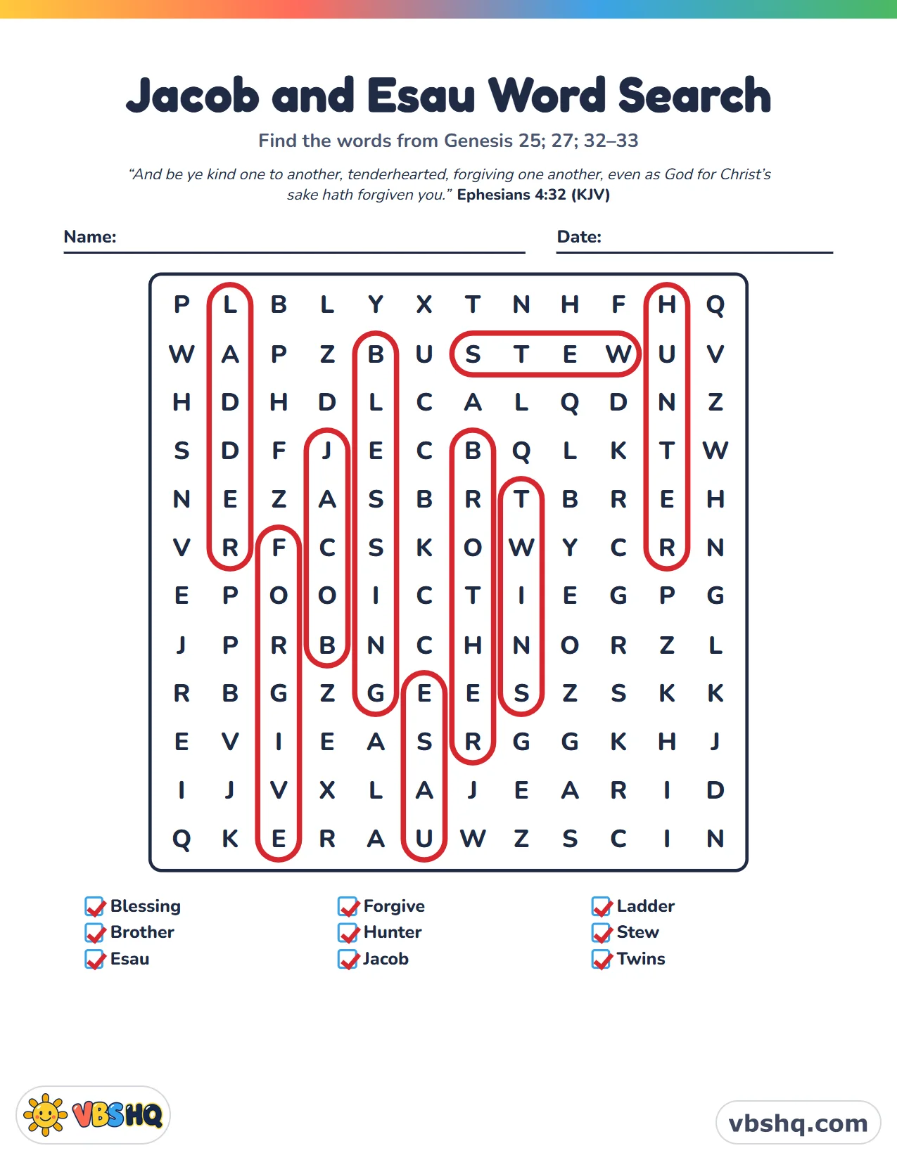 Jacob and Esau Word Search, completed