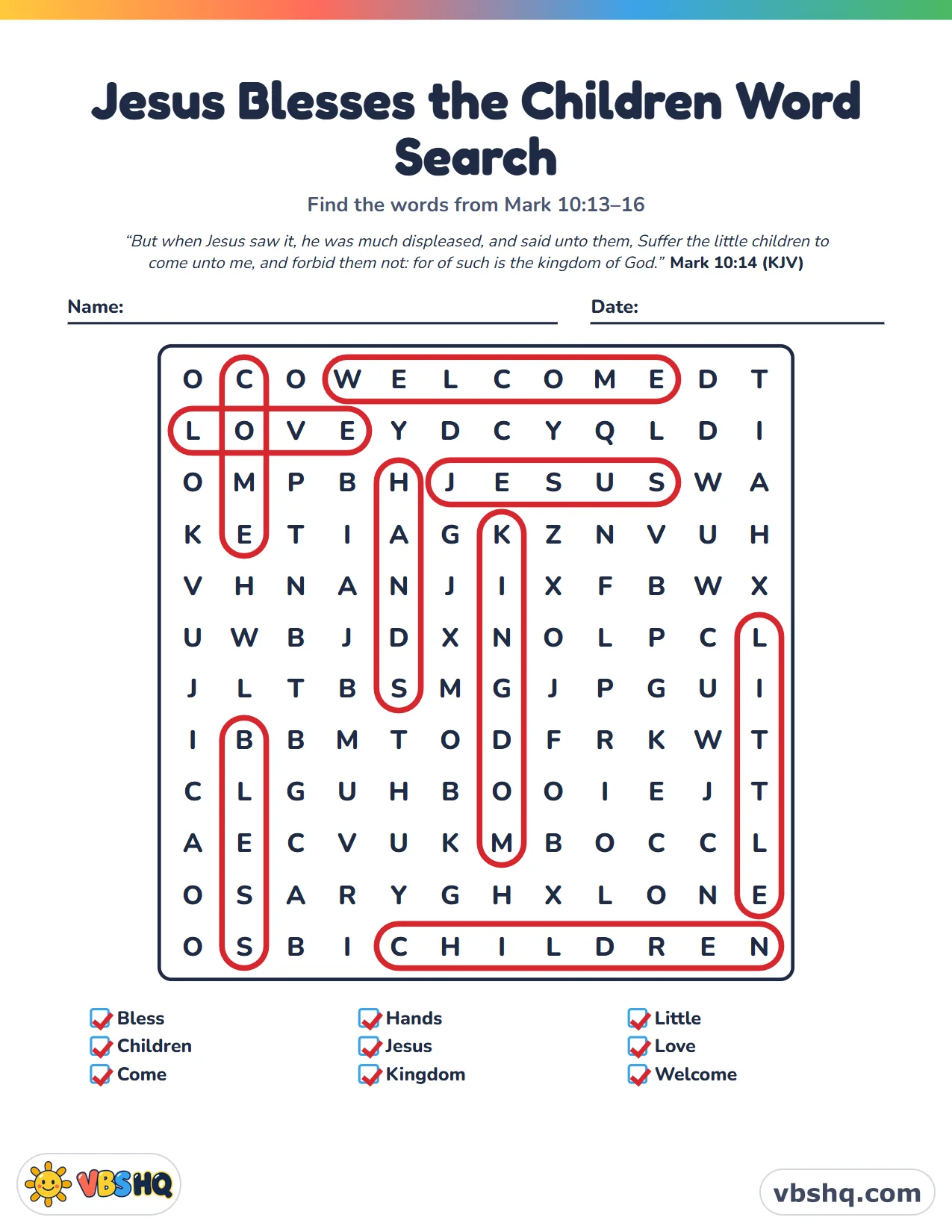 Jesus Blesses the Children Word Search, completed