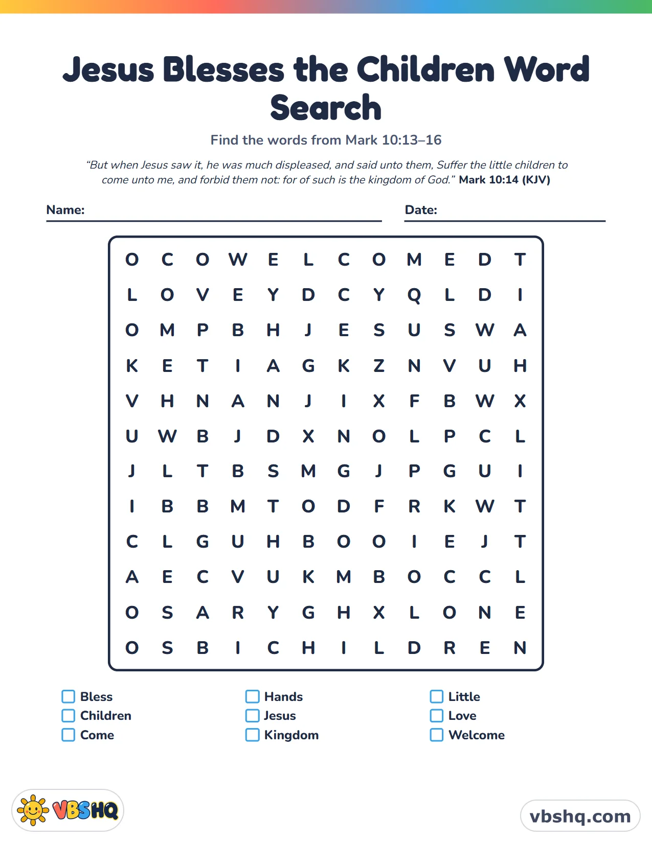 Jesus Blesses the Children Word Search