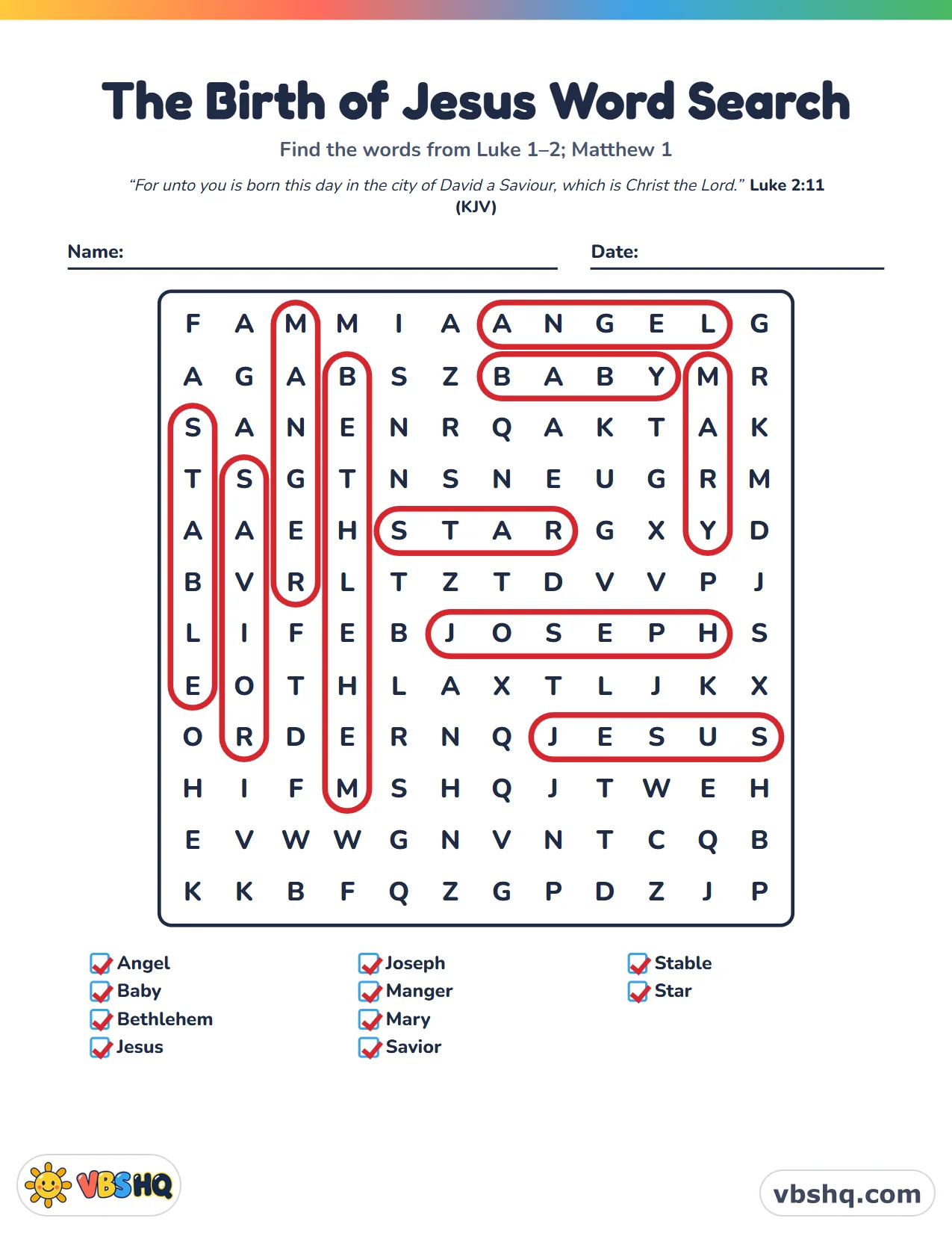 The Birth of Jesus Word Search, completed