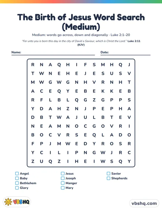 The Birth of Jesus Word Search (Easy, Medium and Hard)