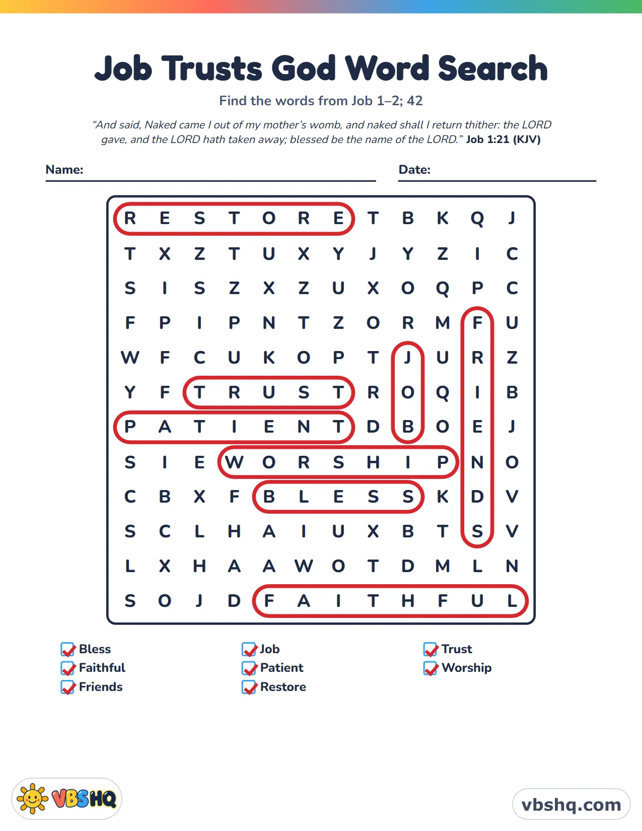 Job Trusts God Word Search, completed
