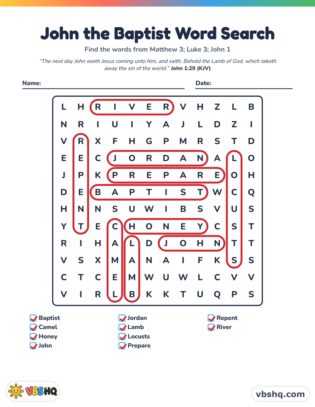 John the Baptist Word Search, completed