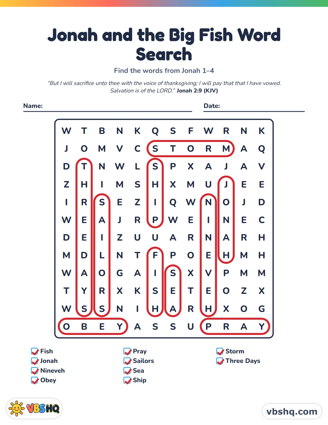 Jonah and the Big Fish Word Search, completed