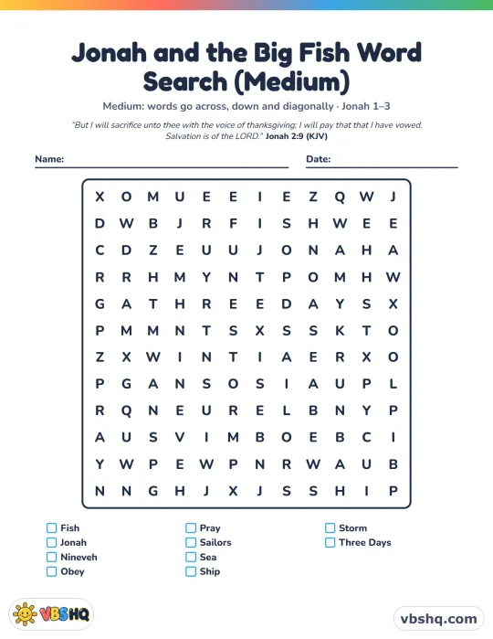 Jonah and the Big Fish Word Search (Easy, Medium and Hard)