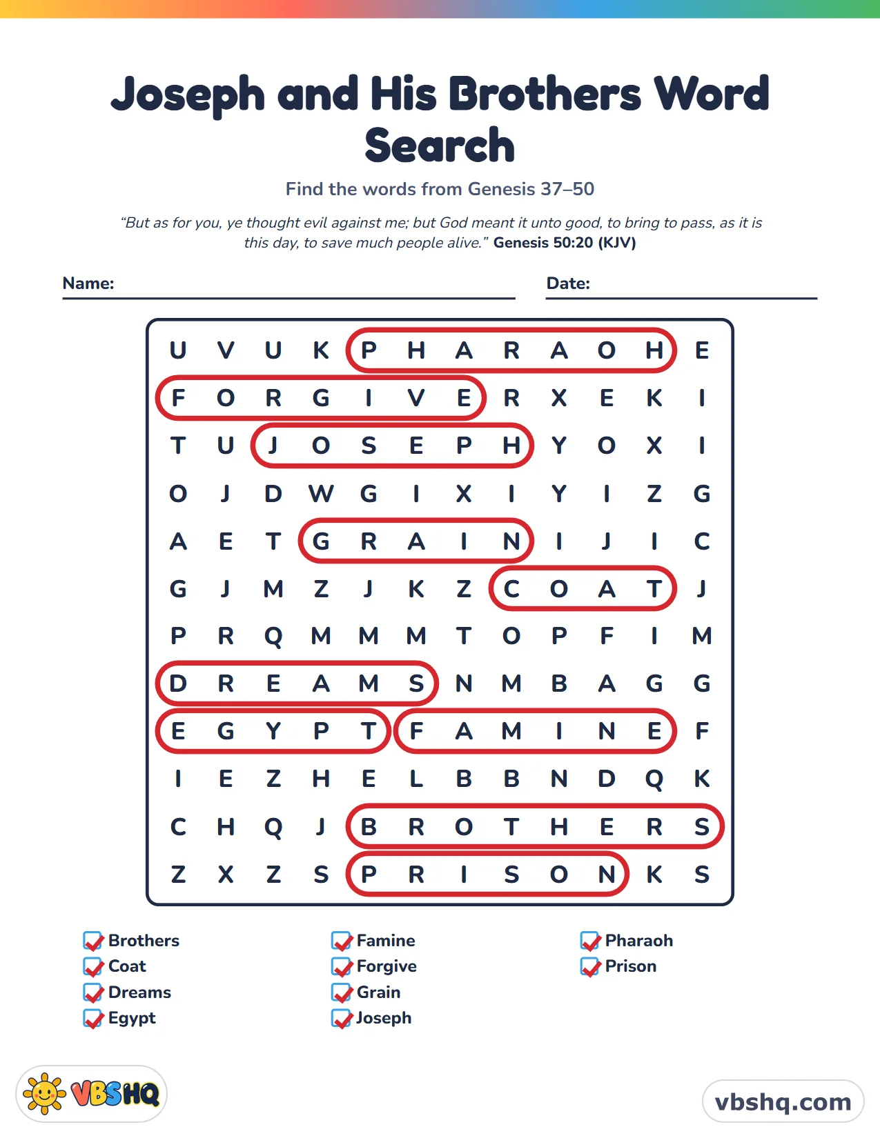 Joseph and His Brothers Word Search, completed