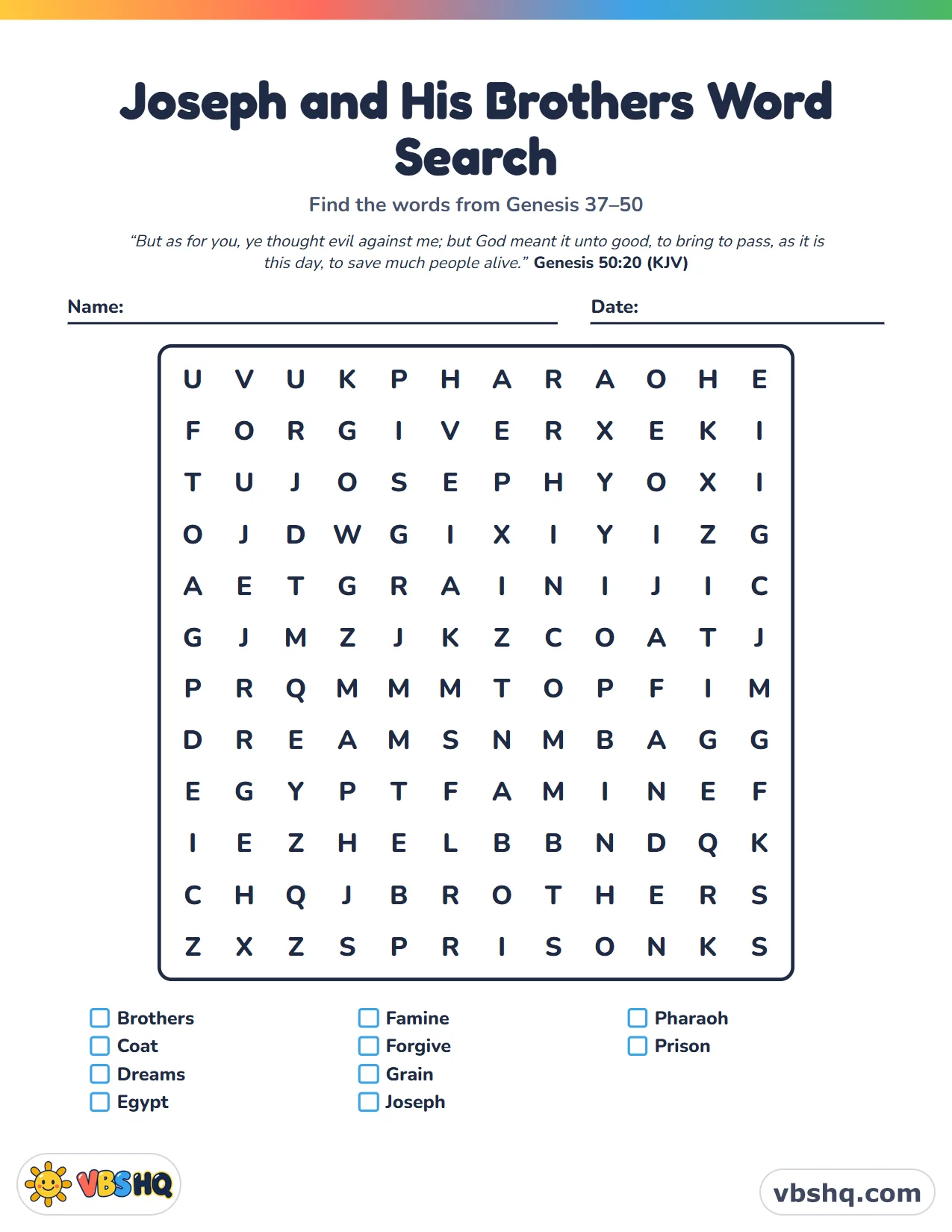Joseph and His Brothers Word Search