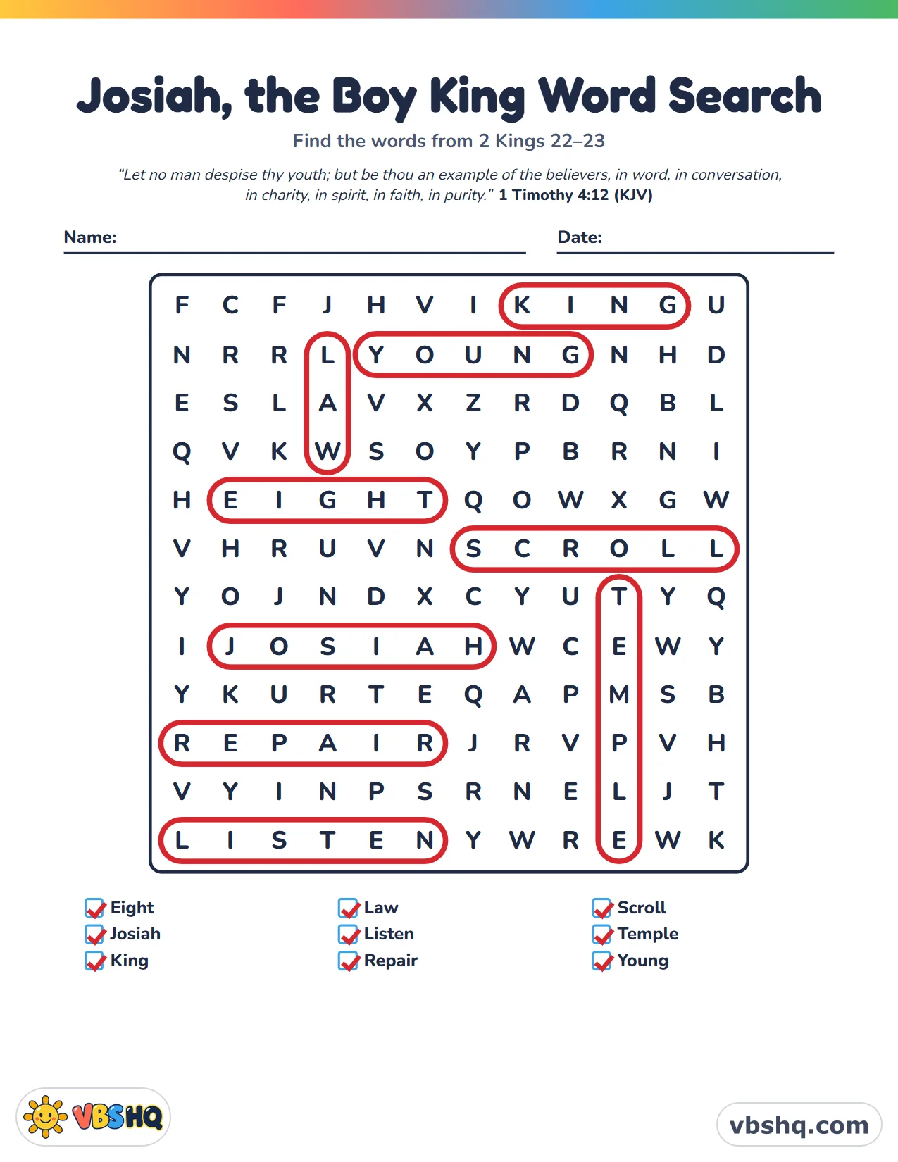 Josiah, the Boy King Word Search, completed