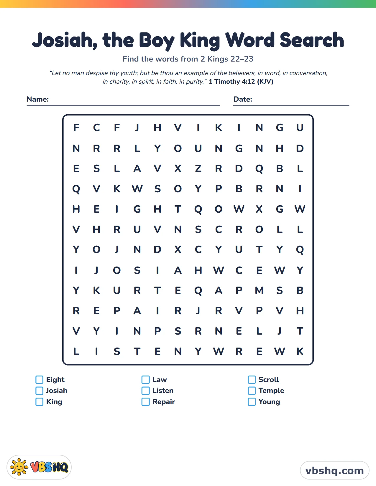 Josiah, the Boy King Word Search