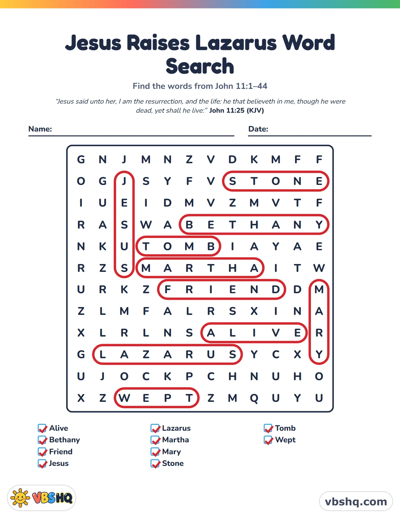 Jesus Raises Lazarus Word Search, completed