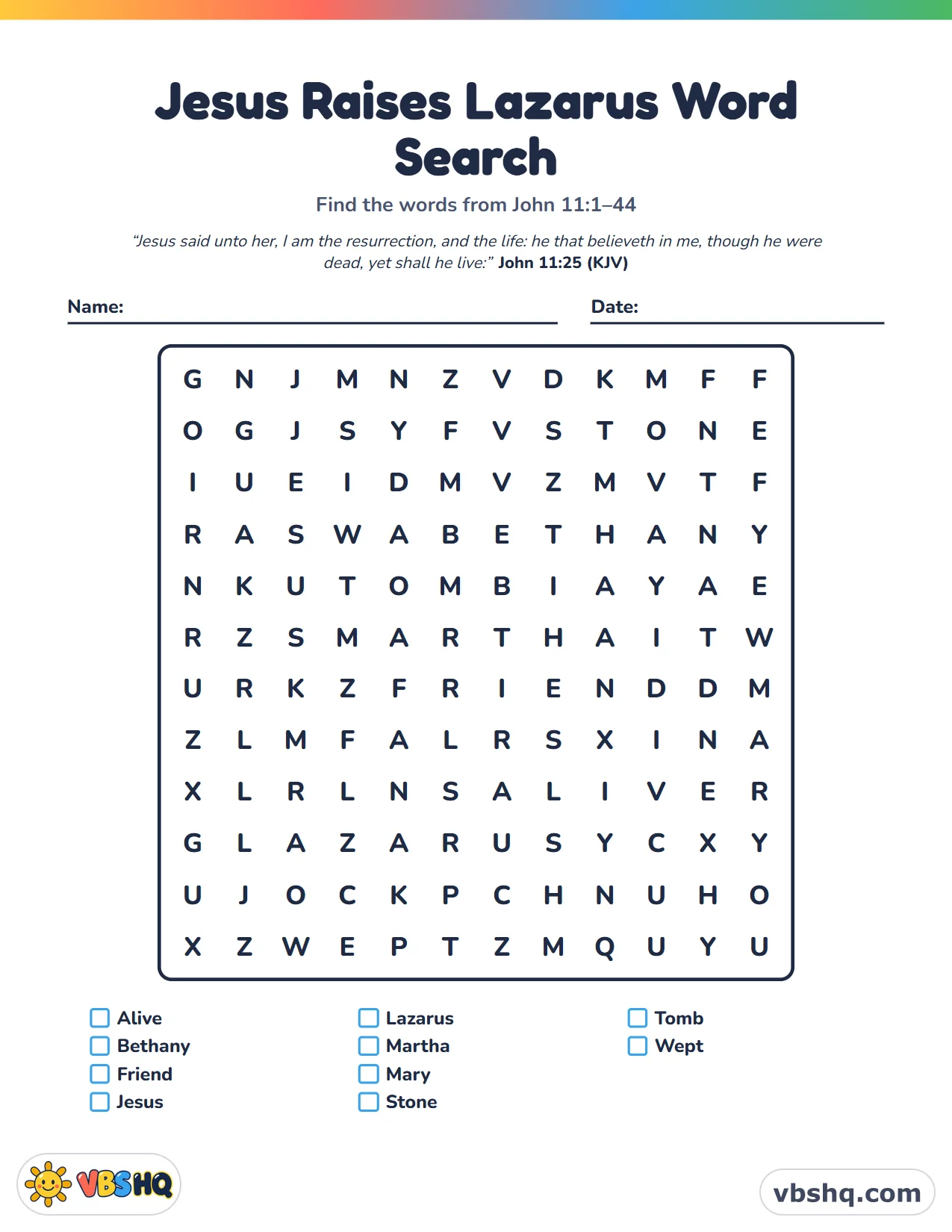 Jesus Raises Lazarus Word Search