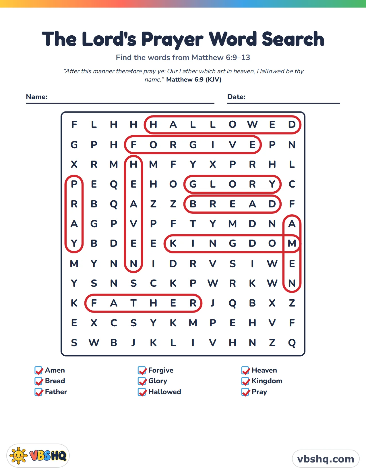 The Lord's Prayer Word Search, completed