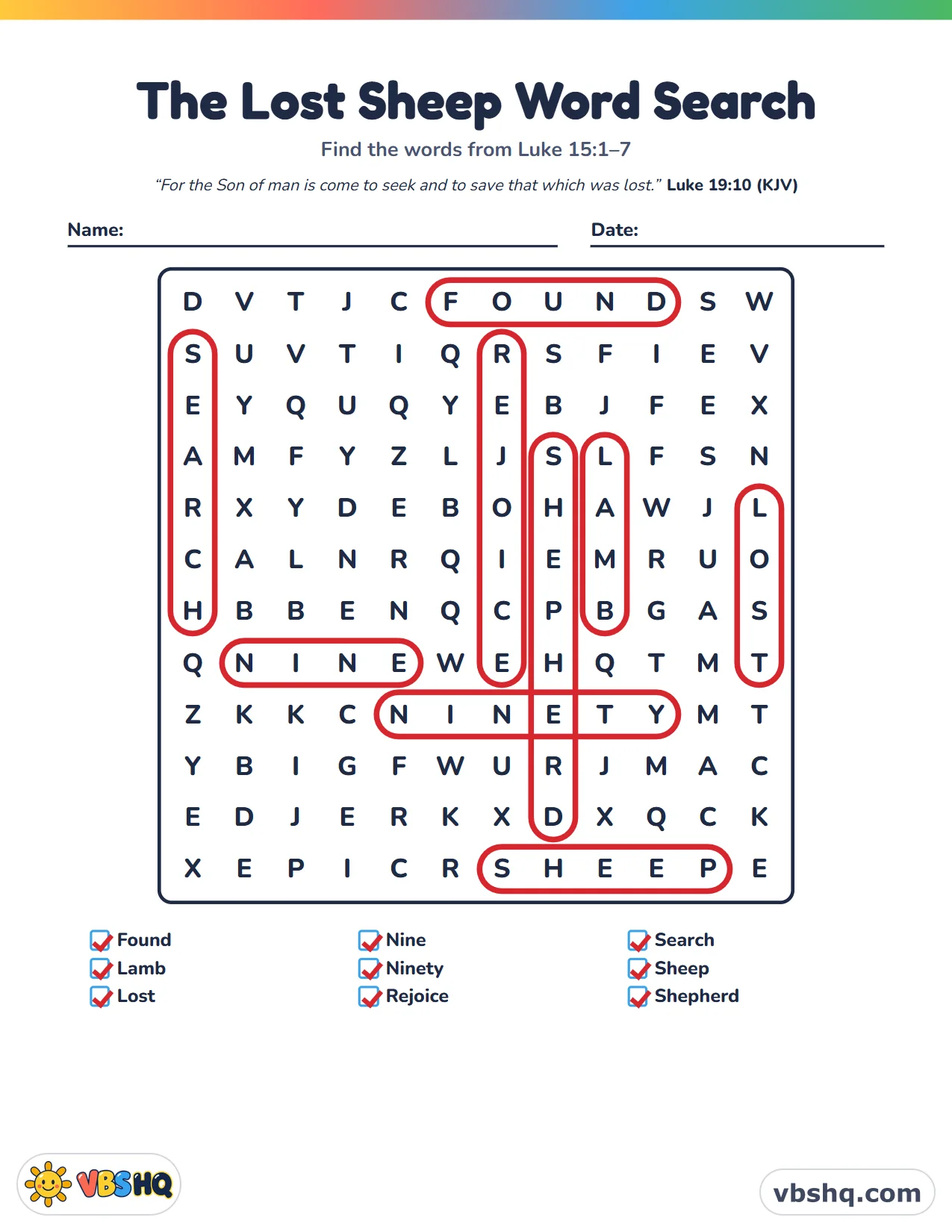 The Lost Sheep Word Search, completed