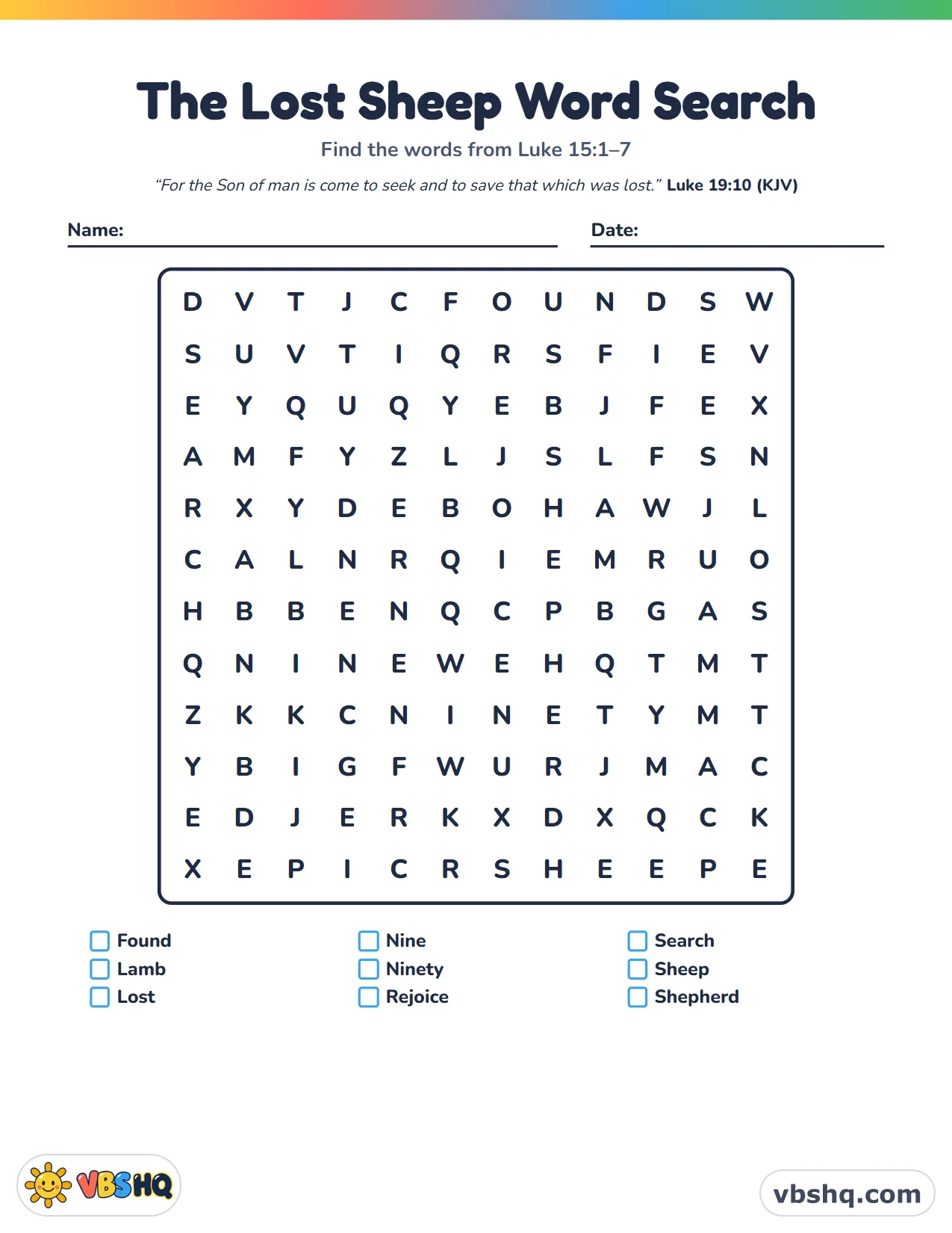 The Lost Sheep Word Search