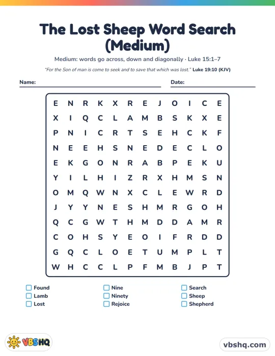 The Lost Sheep Word Search (Easy, Medium and Hard)