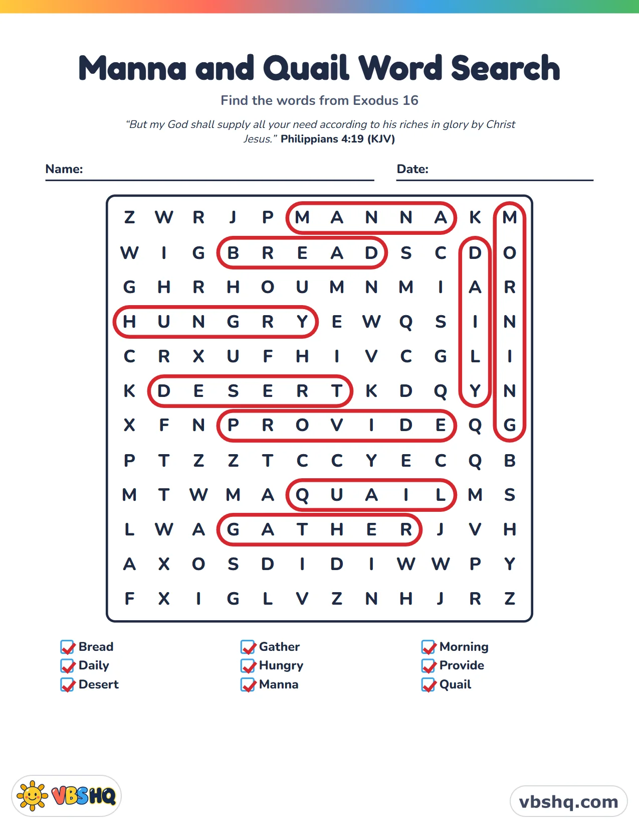 Manna and Quail Word Search, completed