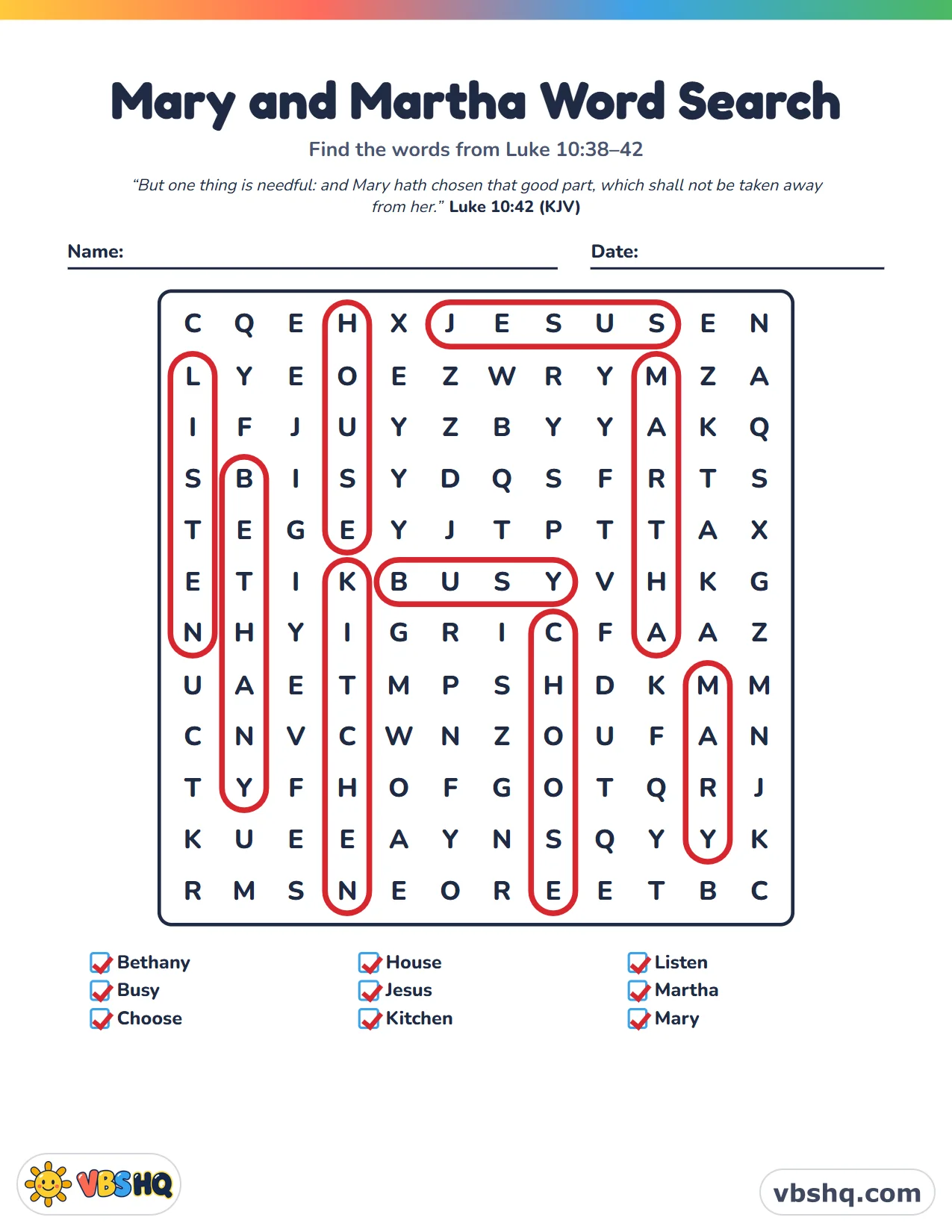 Mary and Martha Word Search, completed