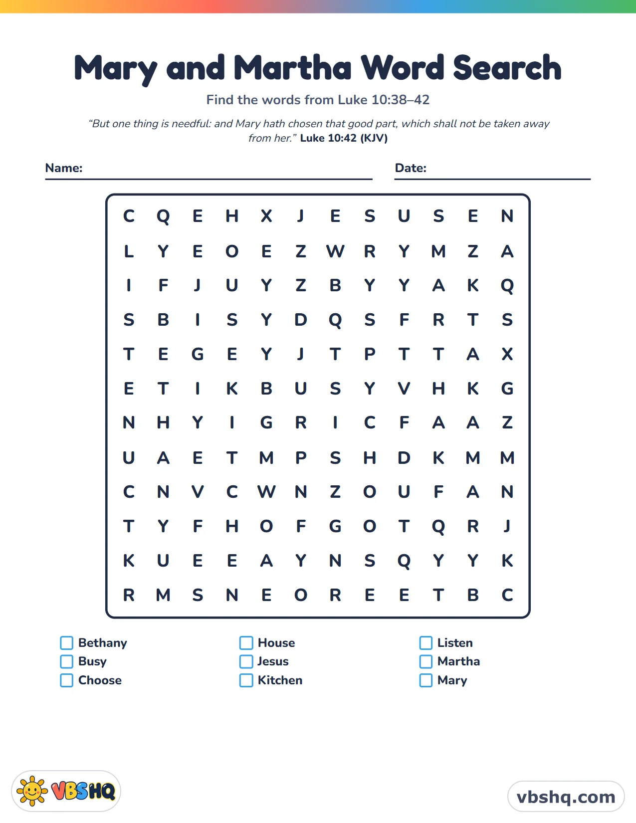 Mary and Martha Word Search