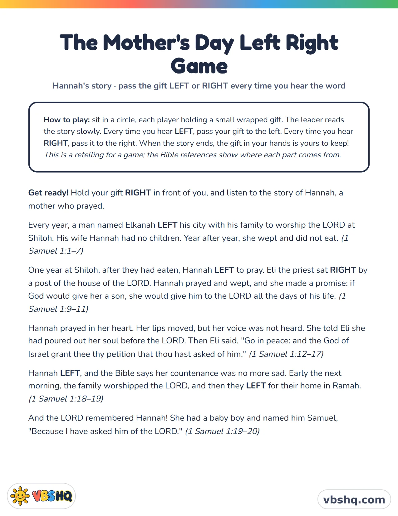Christian Mother's Day Left Right Game: Hannah's Story
