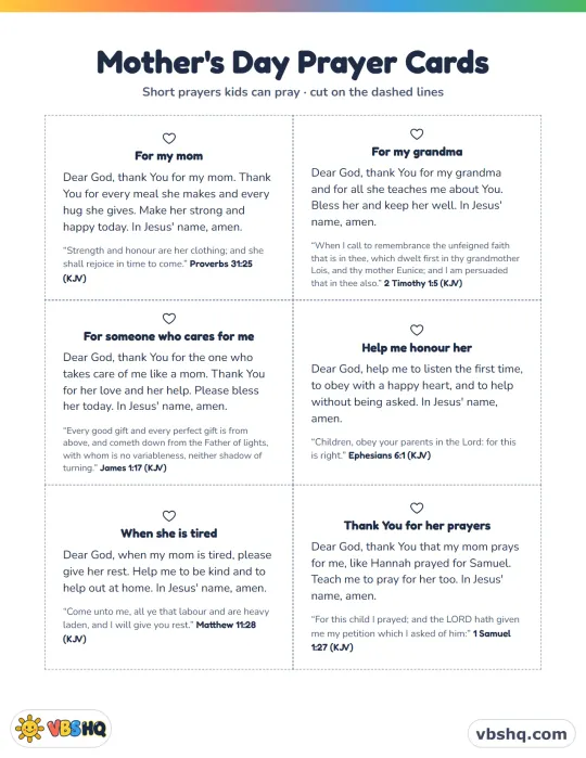 Mother's Day Prayer for Church and Kids: 12 Printable Cards