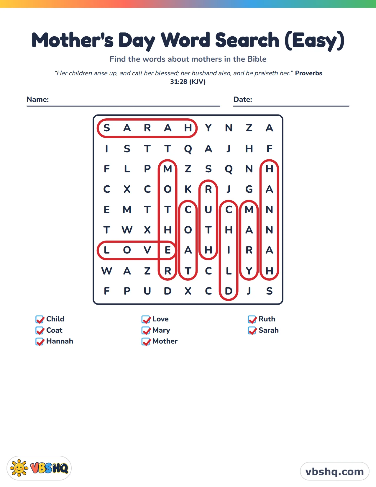 Christian Mother's Day Word Search (Easy, Medium and Hard), completed