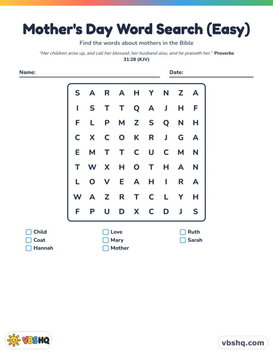 Christian Mother's Day Word Search (Easy, Medium and Hard)