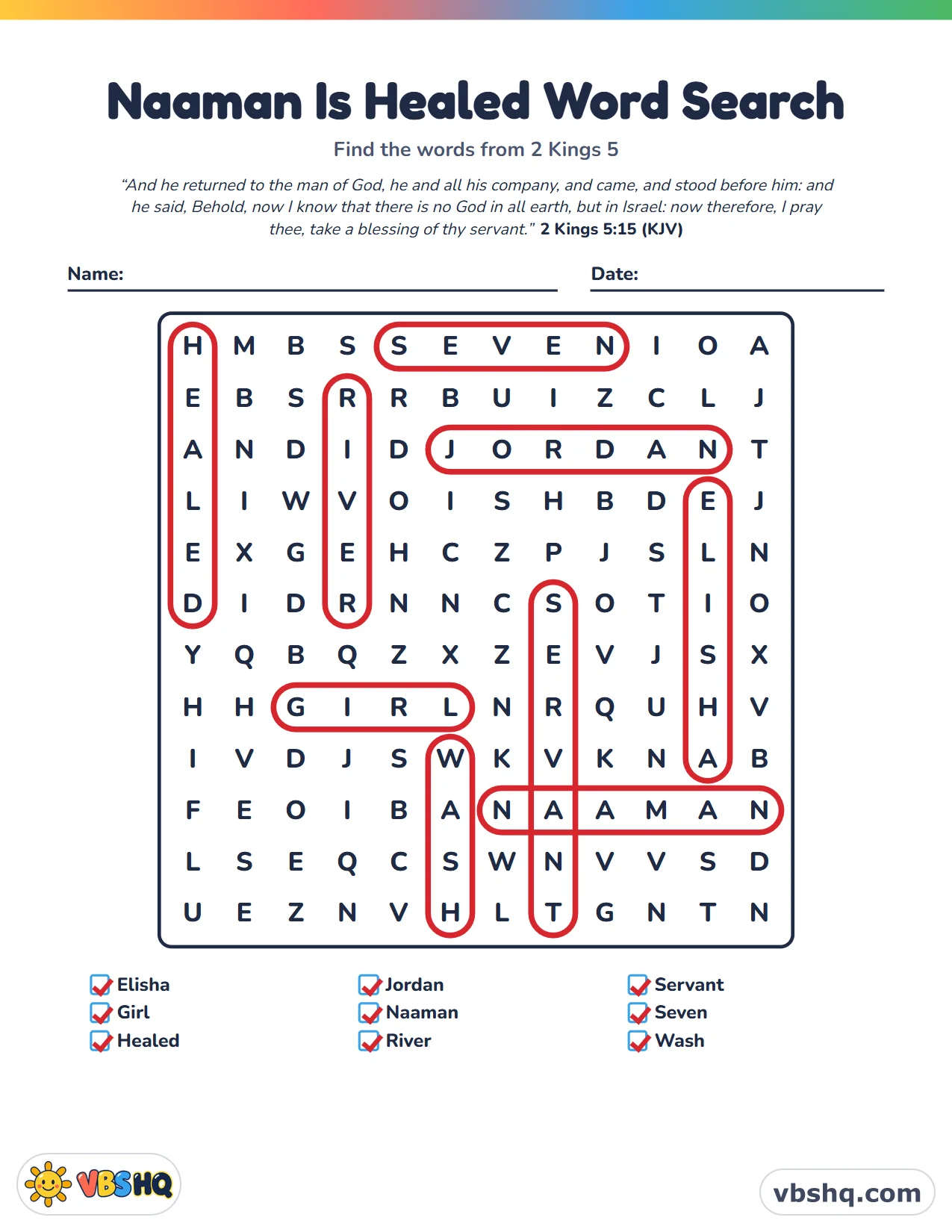 Naaman Is Healed Word Search, completed