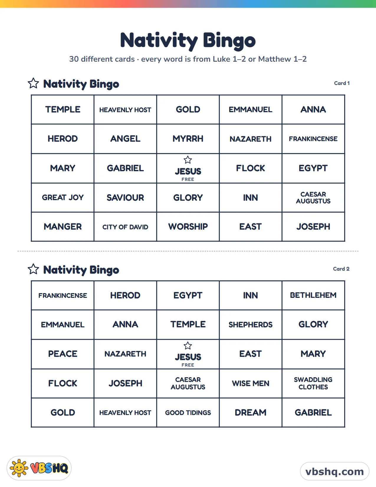 Nativity Bingo: Free Printable Christmas Bible Bingo Cards