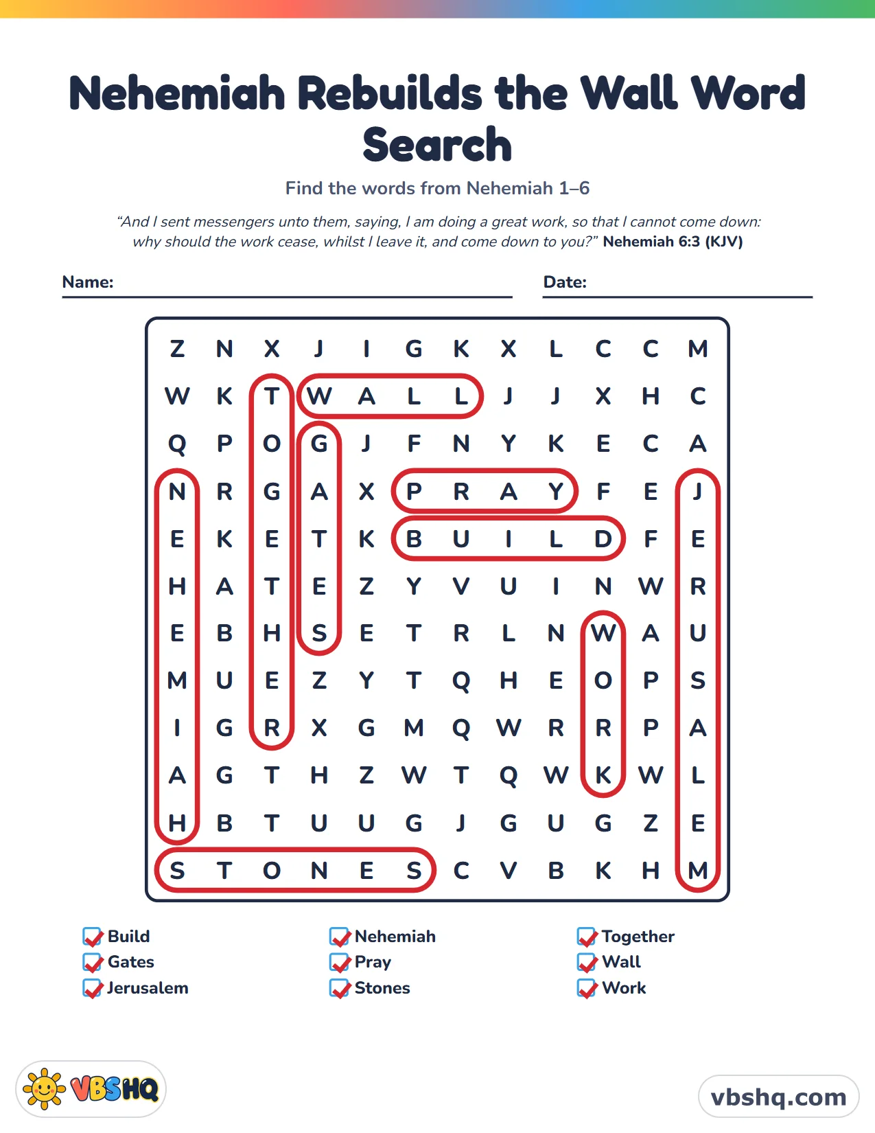 Nehemiah Rebuilds the Wall Word Search, completed