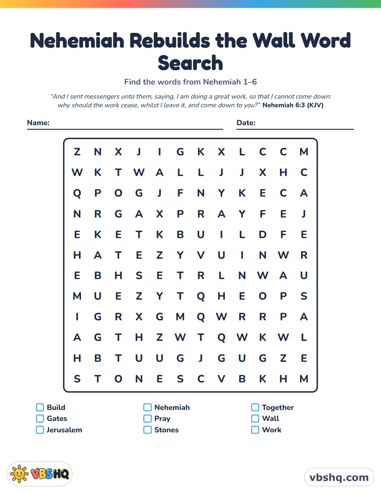 Nehemiah Rebuilds the Wall Word Search