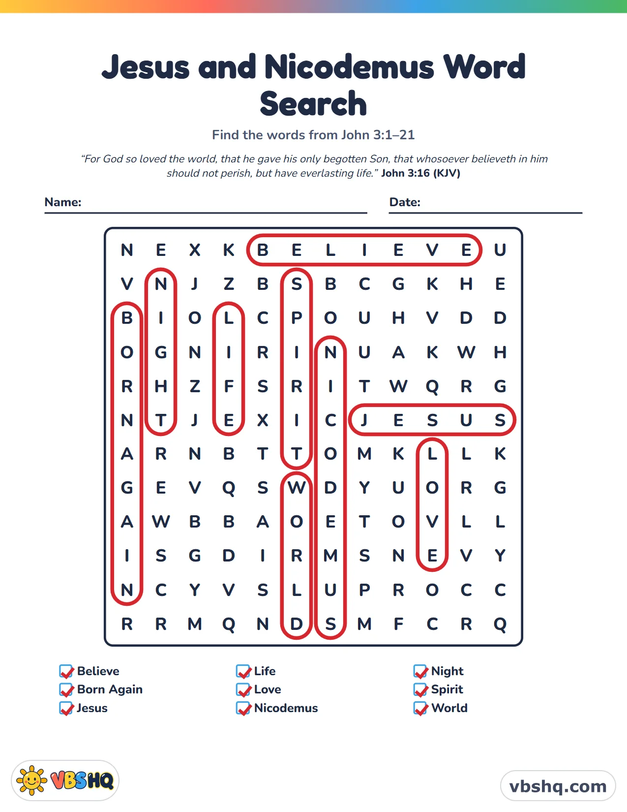 Jesus and Nicodemus Word Search, completed