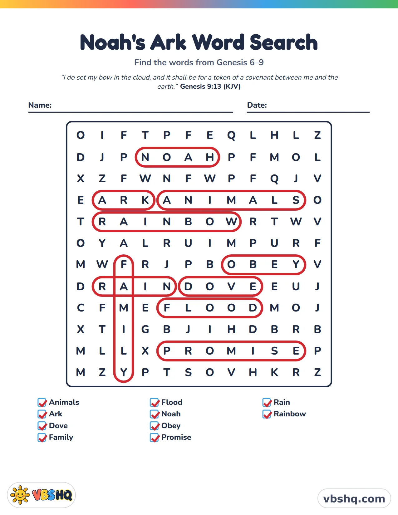 Noah's Ark Word Search, completed