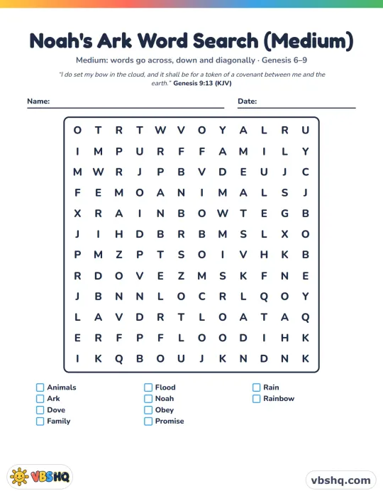 Noah's Ark Word Search (Easy, Medium and Hard)