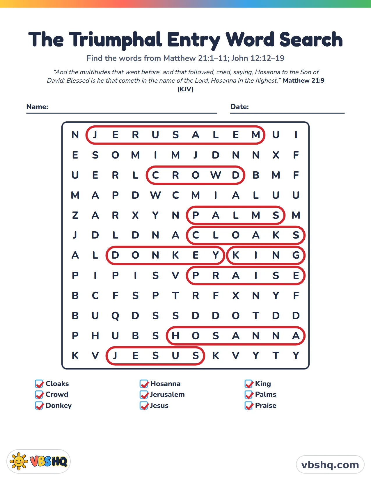 The Triumphal Entry Word Search, completed