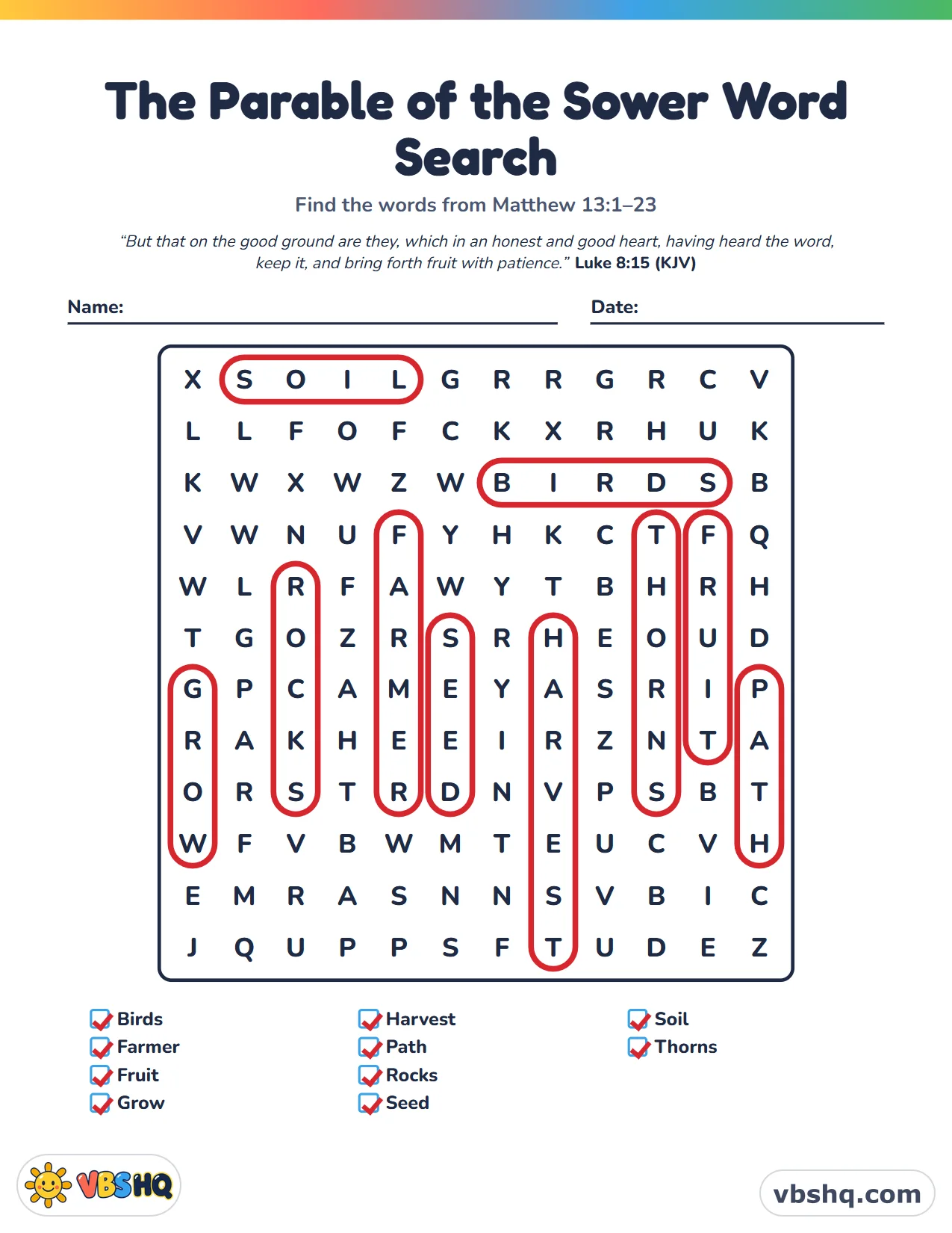 The Parable of the Sower Word Search, completed