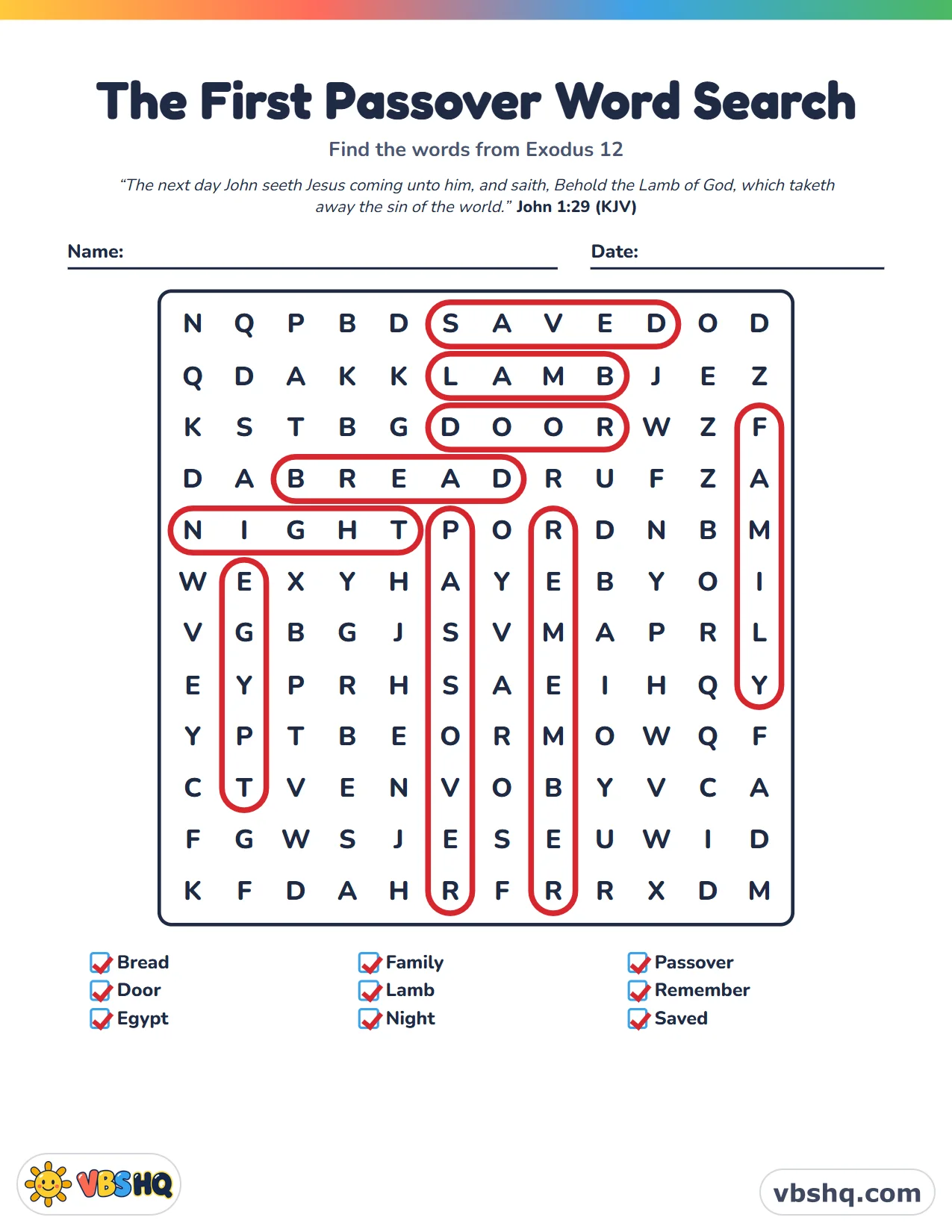 The First Passover Word Search, completed