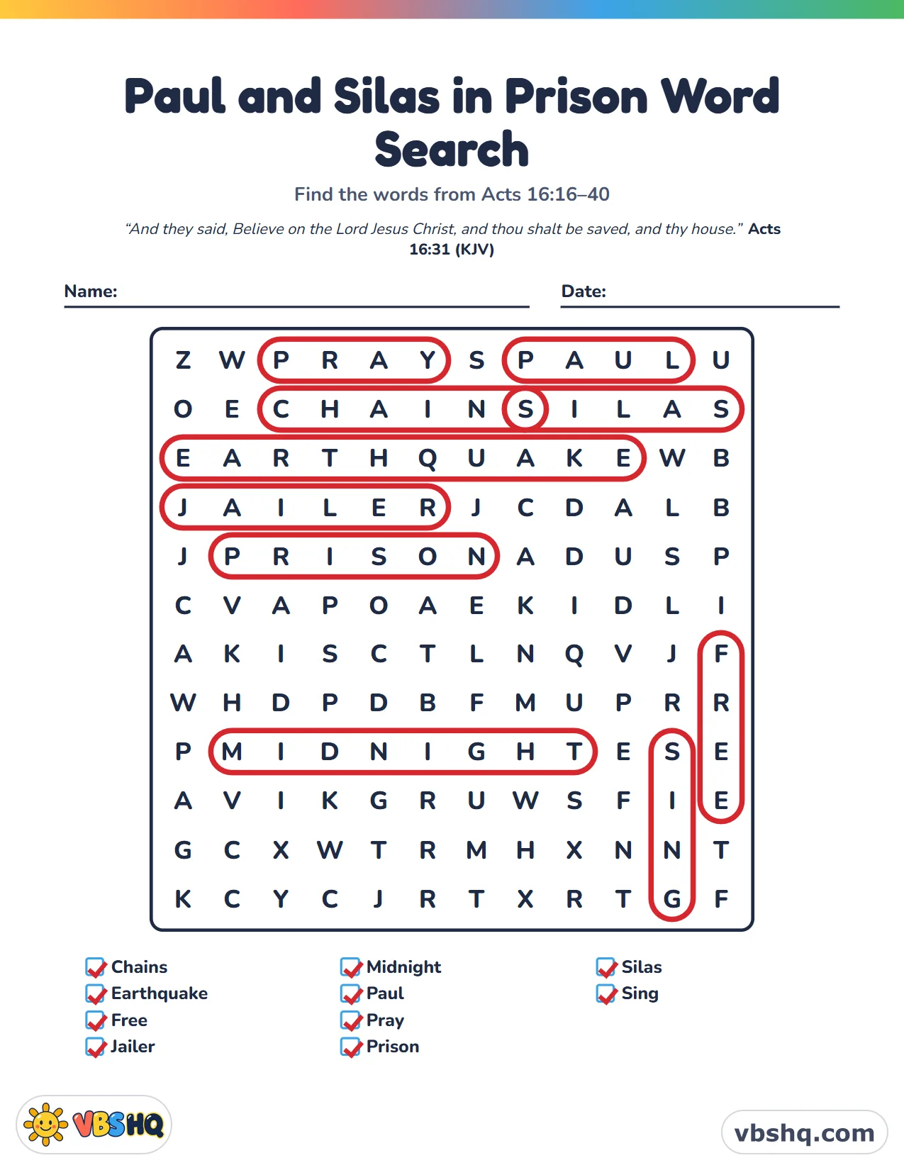 Paul and Silas in Prison Word Search, completed