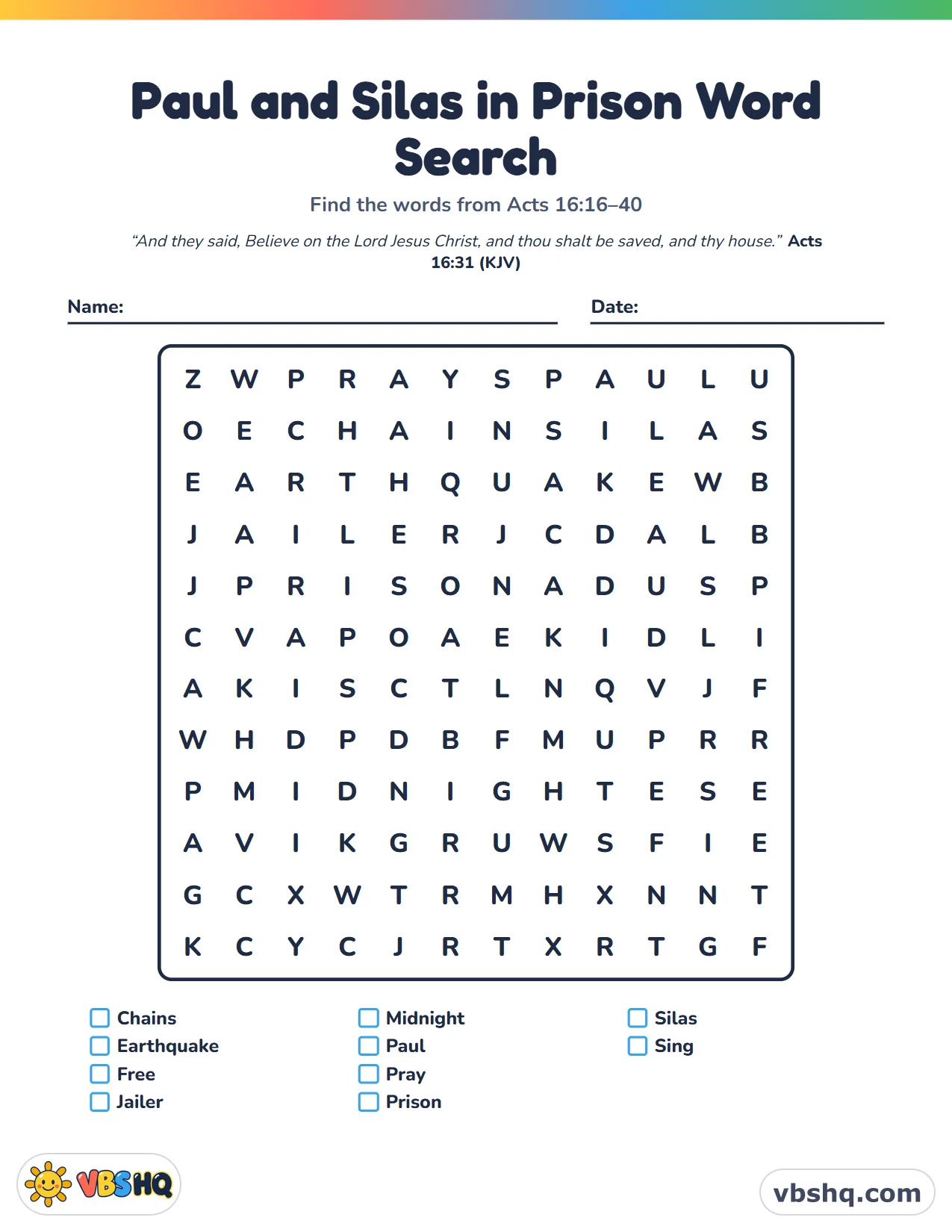 Paul and Silas in Prison Word Search