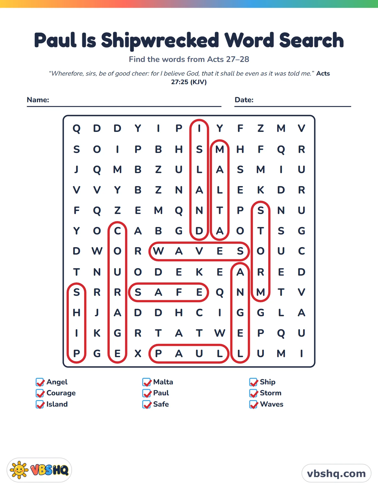 Paul Is Shipwrecked Word Search, completed