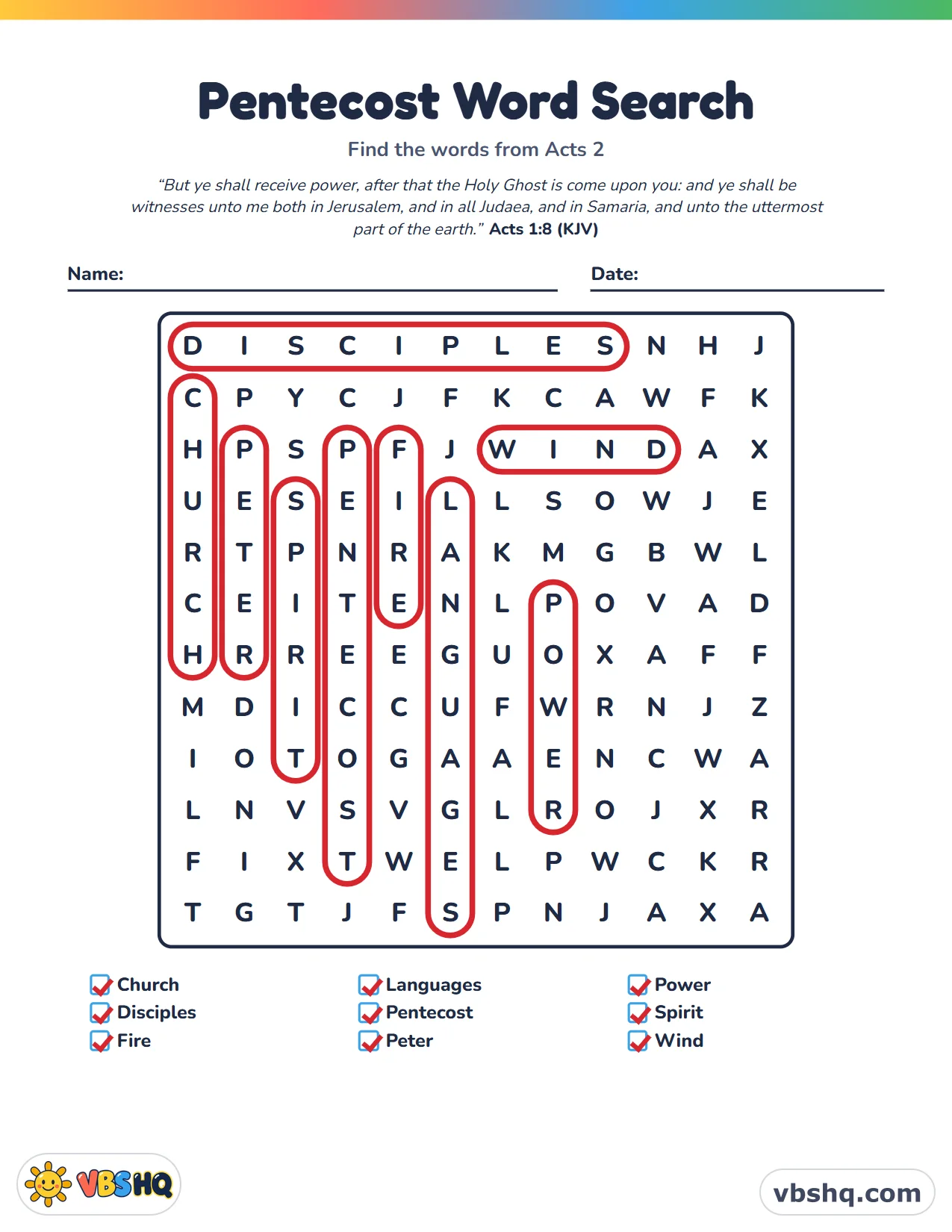 Pentecost Word Search, completed