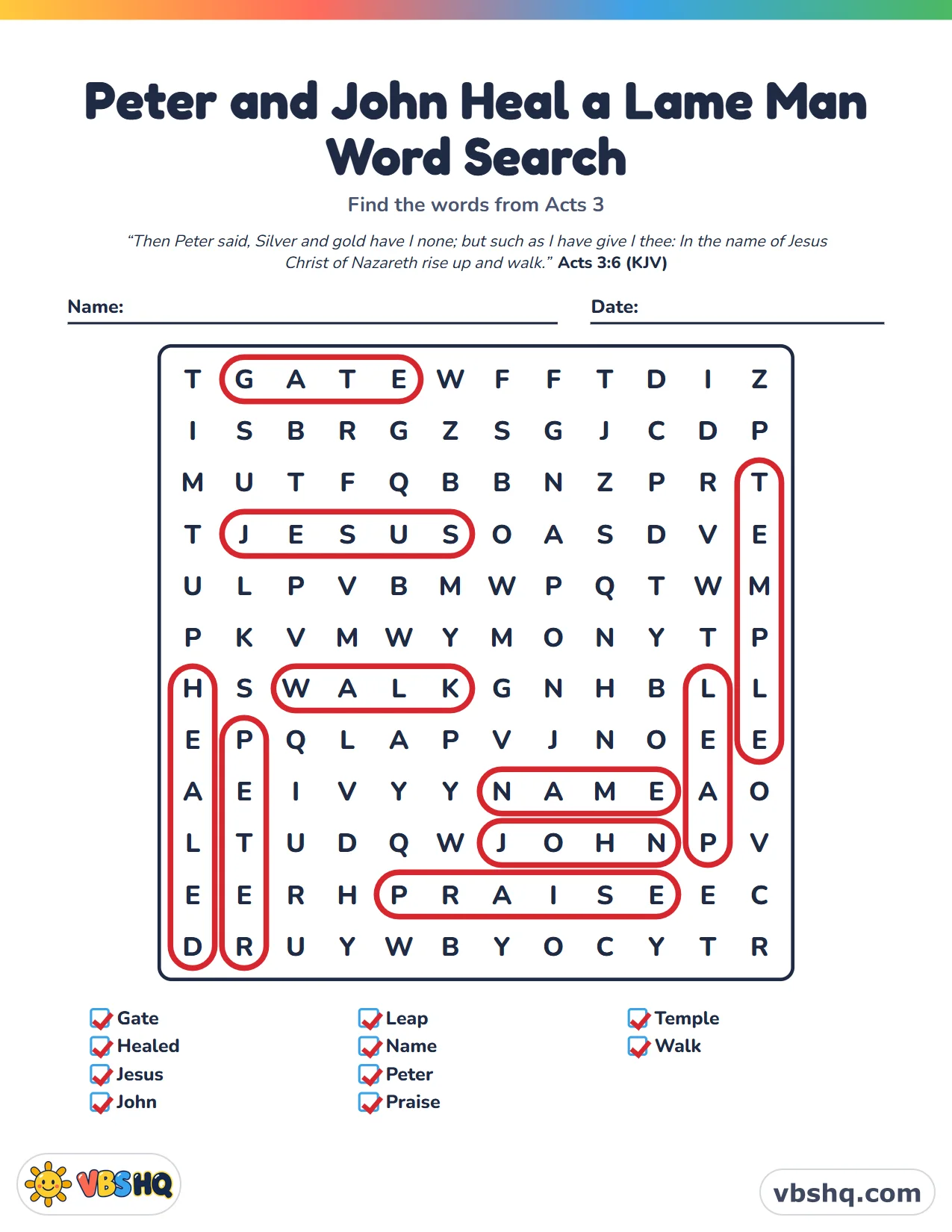 Peter and John Heal a Lame Man Word Search, completed