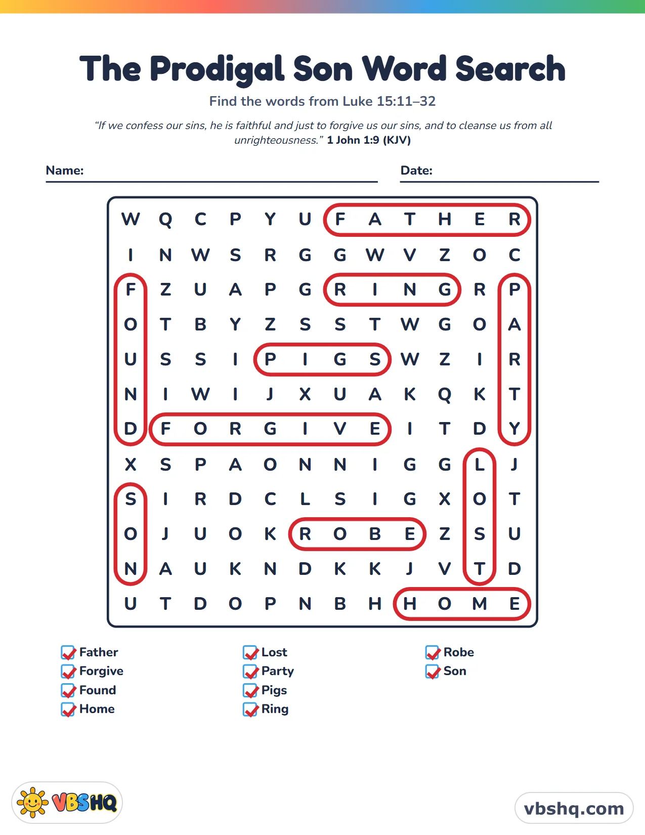 The Prodigal Son Word Search, completed