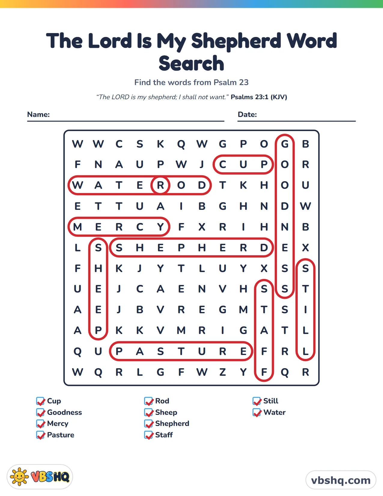 The Lord Is My Shepherd Word Search, completed