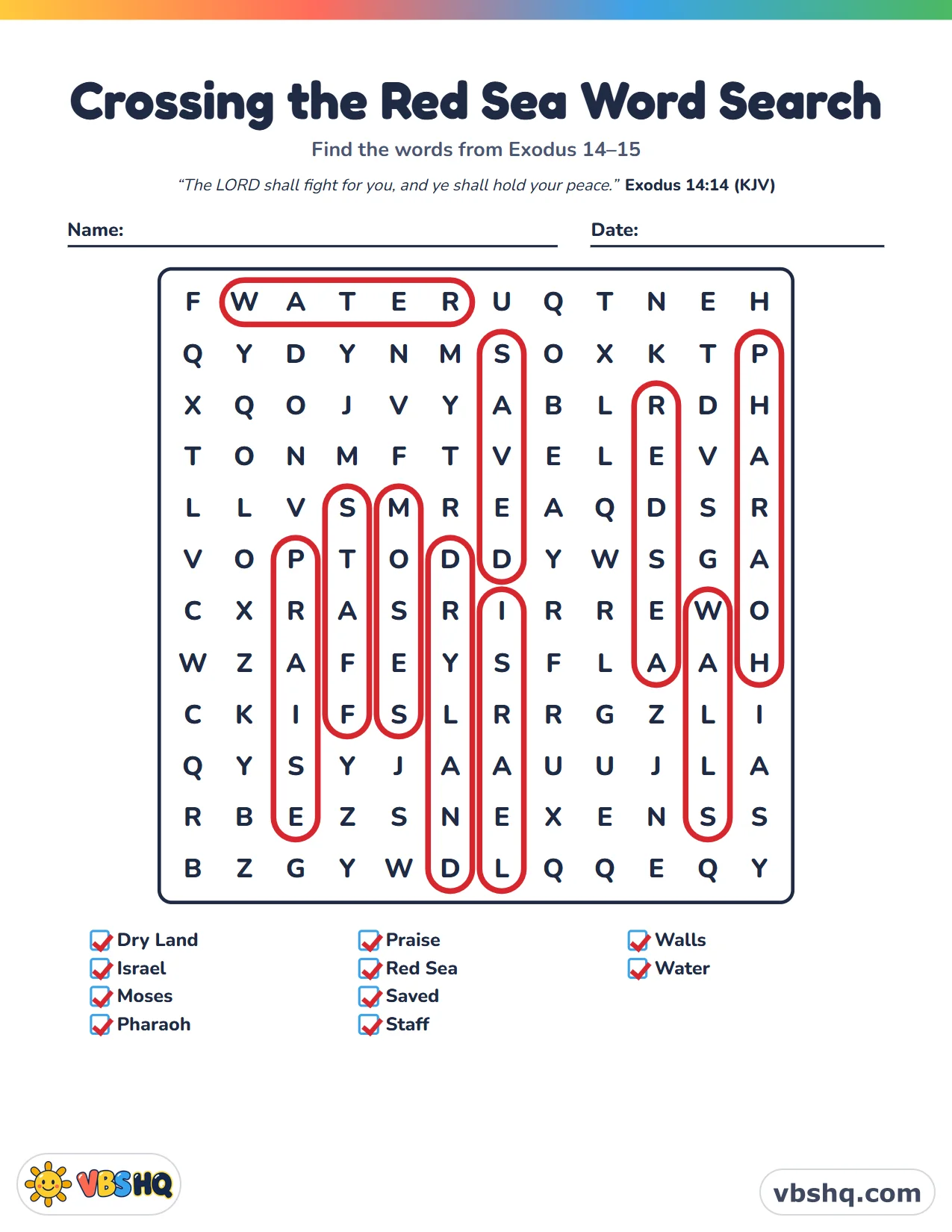 Crossing the Red Sea Word Search, completed