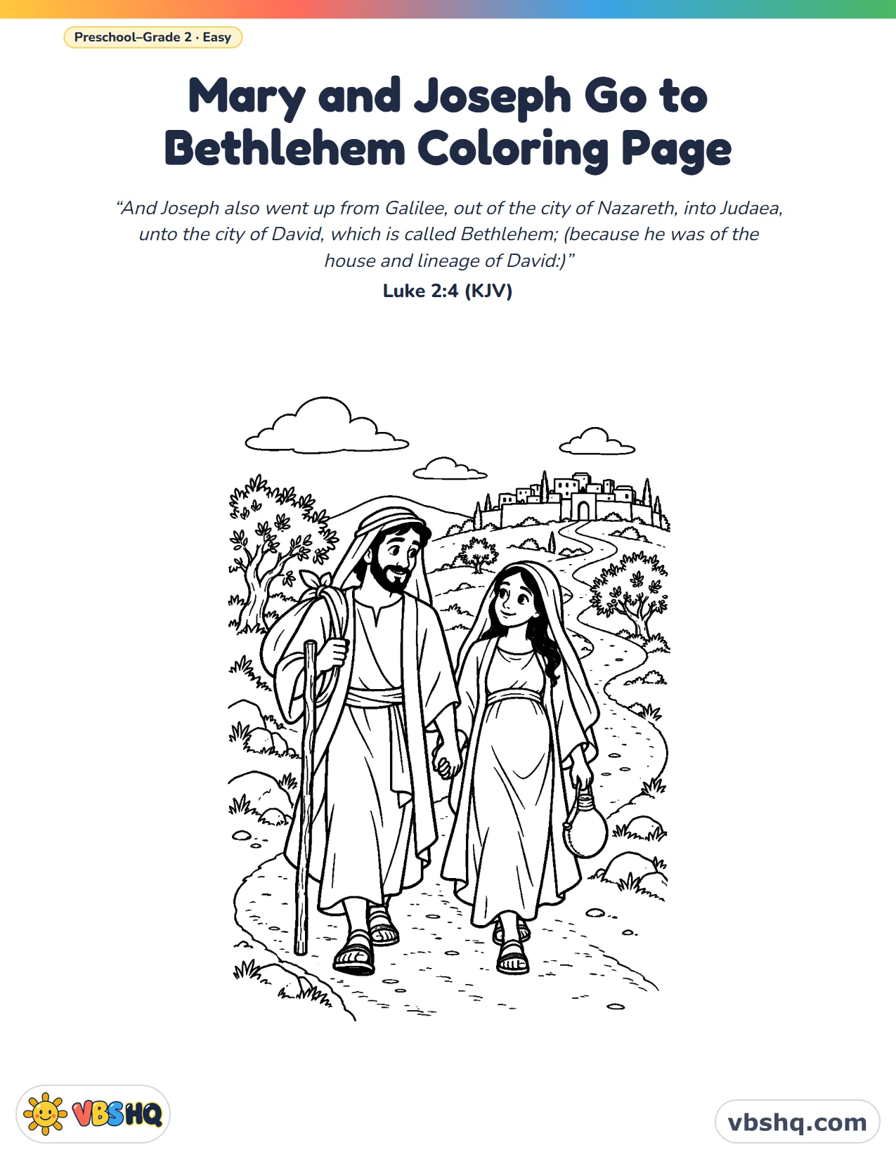 Mary and Joseph Going to Bethlehem Coloring Page (Free Printable)