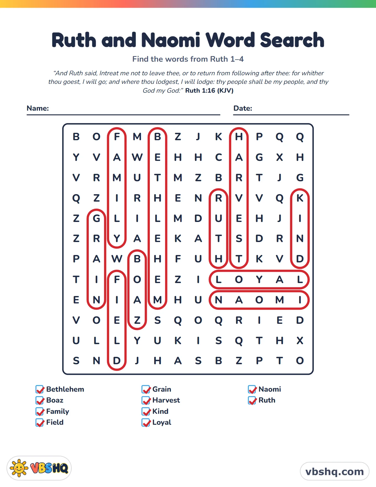 Ruth and Naomi Word Search, completed